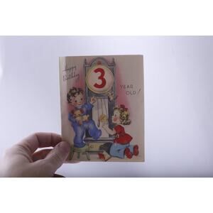 Children Looking at Grandfather Clock, 3-Year-Old Birthday, Greeting Card, Used